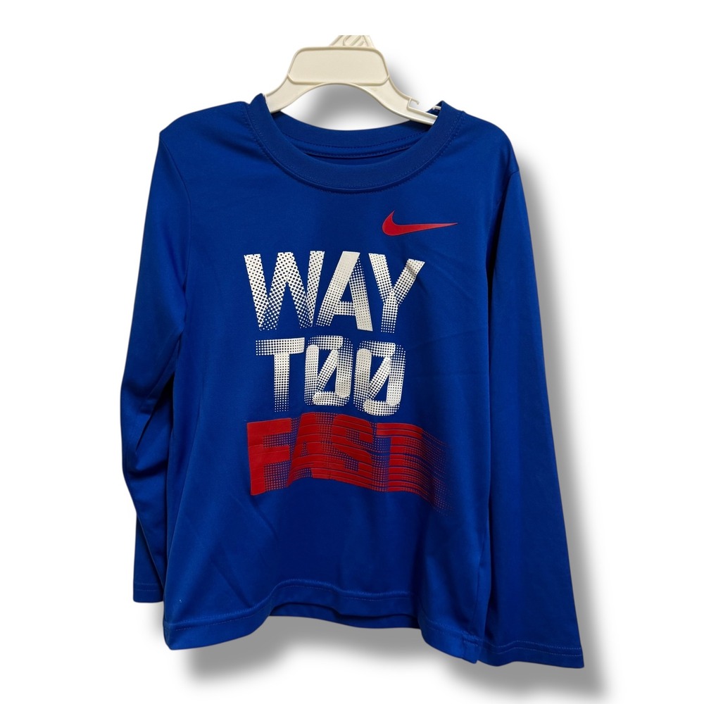 Nike Dri-FIT Way Too Fast Long Sleeve Graphic Tee Blue Kids Size 7 Athletic Cut